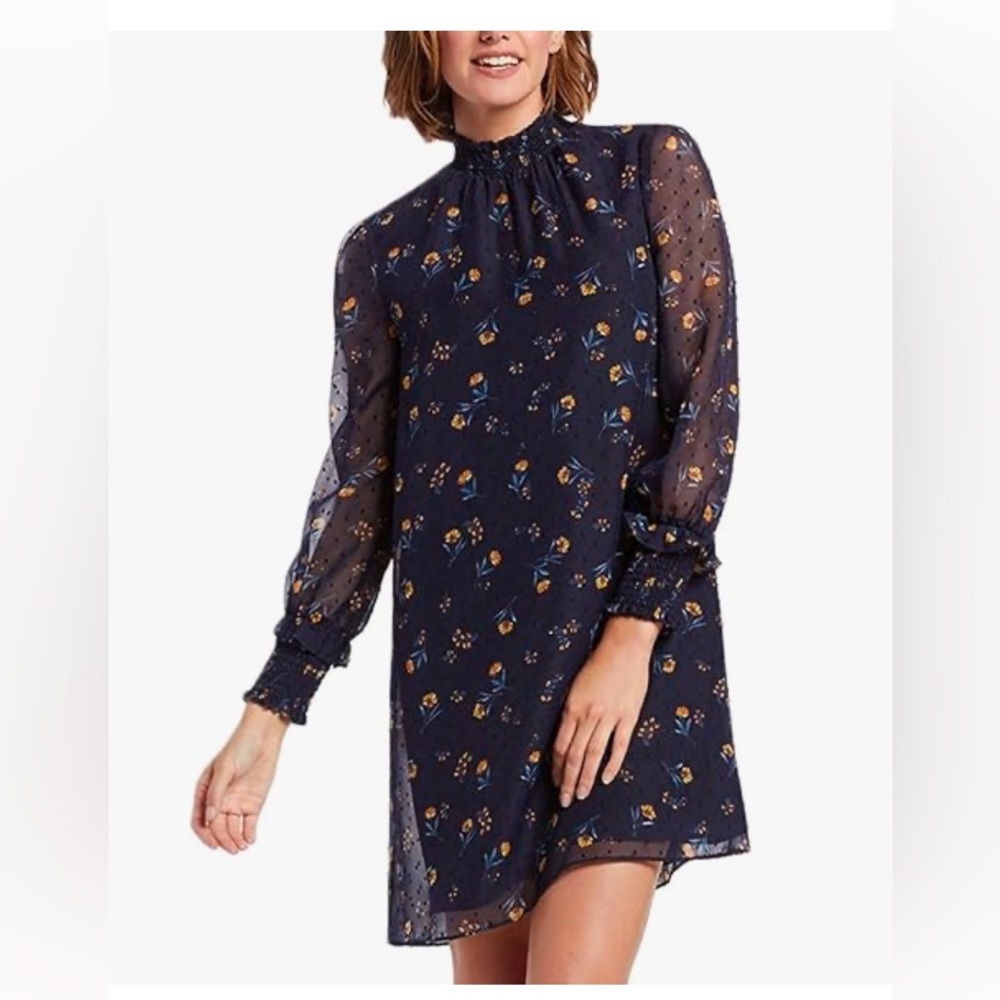 Draper James Blue Floral Swiss Dot Long Sleeve Mock Neck Dress - Size: Medium